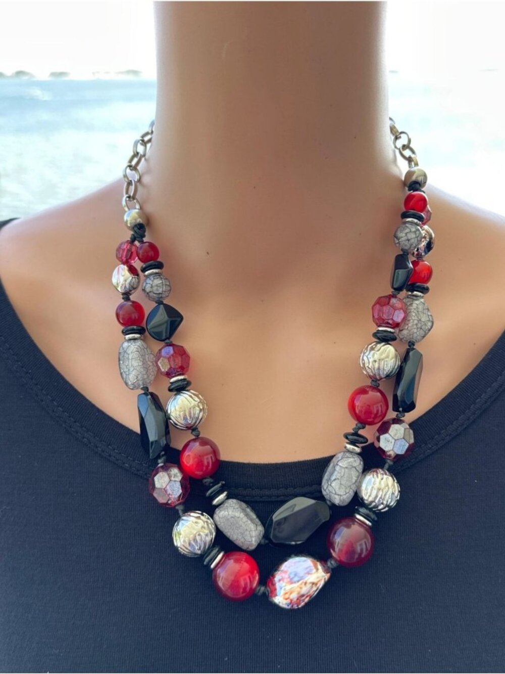 Ruby Rd Necklace Double Strand Chunky Statement Black Red Silver Gray Adjustable